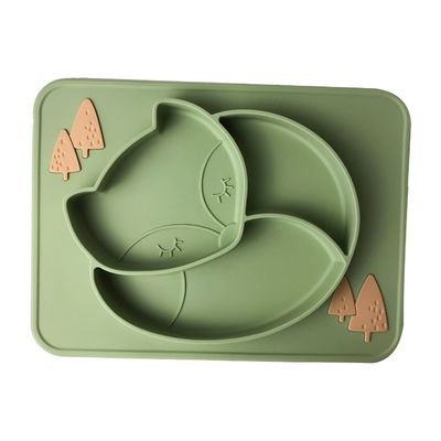 ถาดเด็กซิลิโคนสีเขียวแบบกำหนดเอง Fox Shape จานเด็กซิลิโคนปลอดสาร BPA