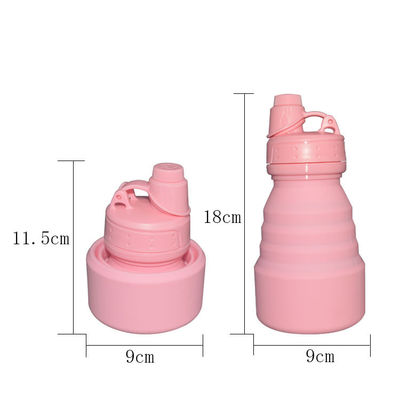 กีฬากลางแจ้งขวดน้ำซิลิโคนพับได้ 500ml ฉนวนกันความร้อนสีชมพูพร้อมฝา