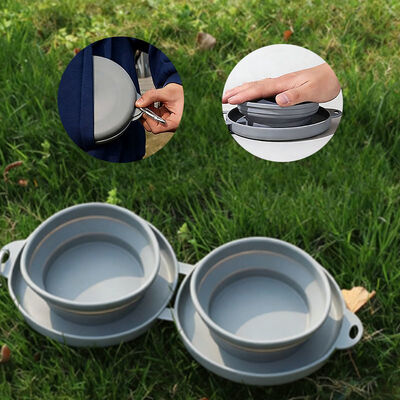 Portable Silicone Collapsible Dog Bowl Double Folding Pet Travel Bowls with Non-slip Mat Food Water Bowl for Outdoor Hiking